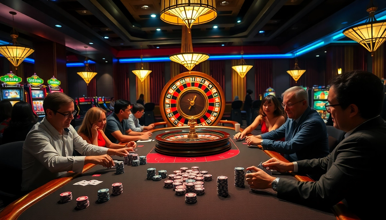 Gambling excitement at https://fly88.deal/ with vibrant casino tables and enthusiastic players.