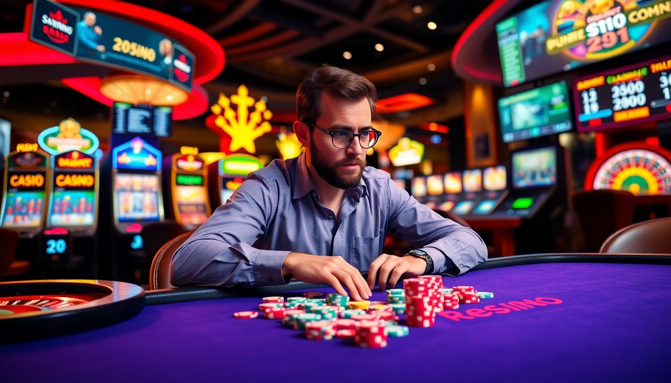 Gambler analyzing gameplay at a casino table featuring 888b km.