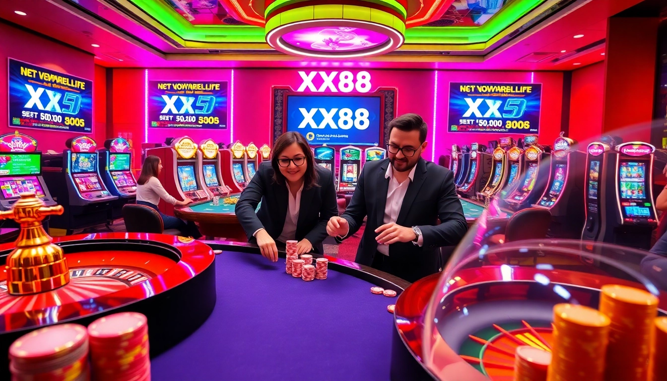 Witness the thrilling gameplay at XX88 online casino with stunning roulette and card tables.