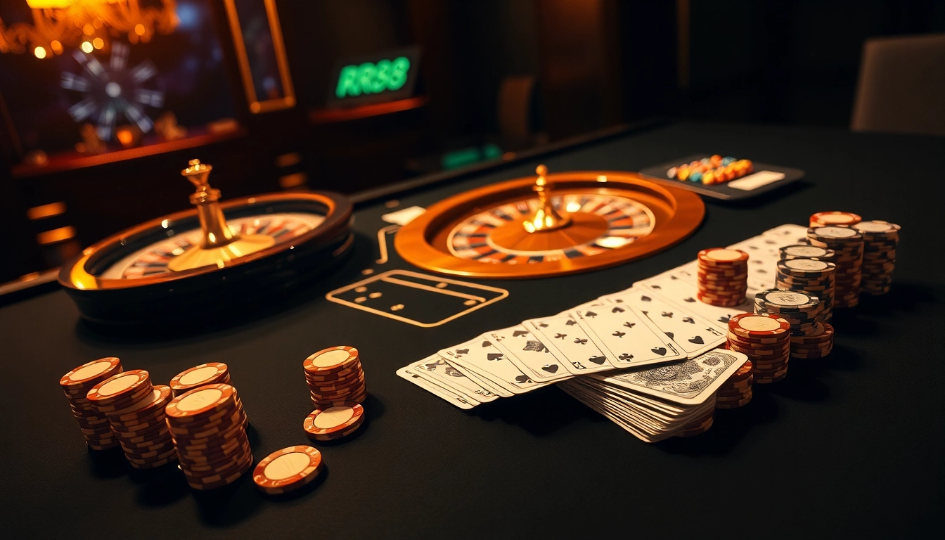 Engaging rr88 online casino scene showcasing roulette, poker chips, and premium gaming ambiance.