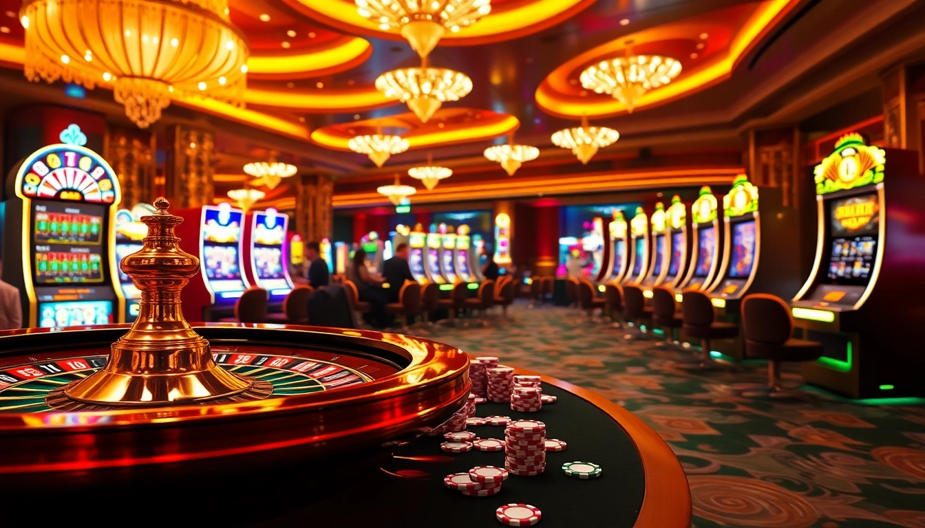 Luck8 casino scene with vibrant tables, colorful slot machines, and poker chips creating an exciting gaming atmosphere.