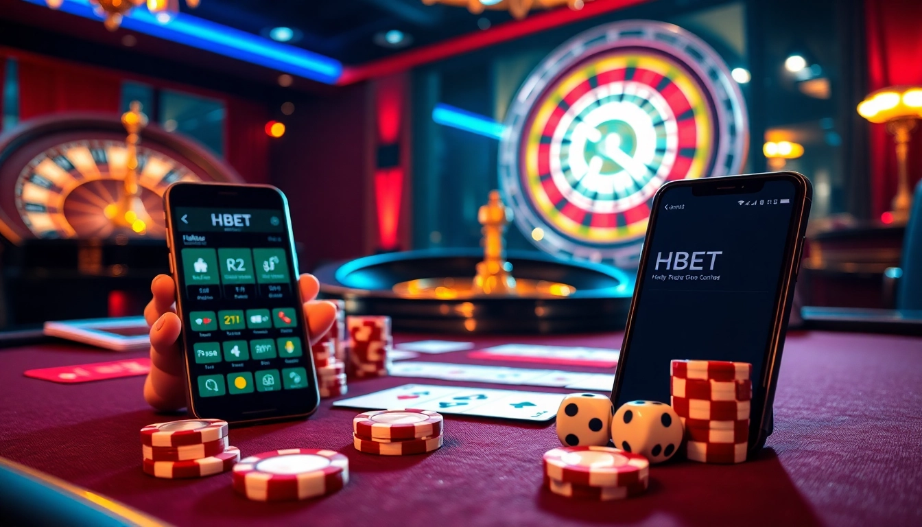Experience thrilling gameplay at HBBET with vibrant poker chips and a glowing roulette wheel.