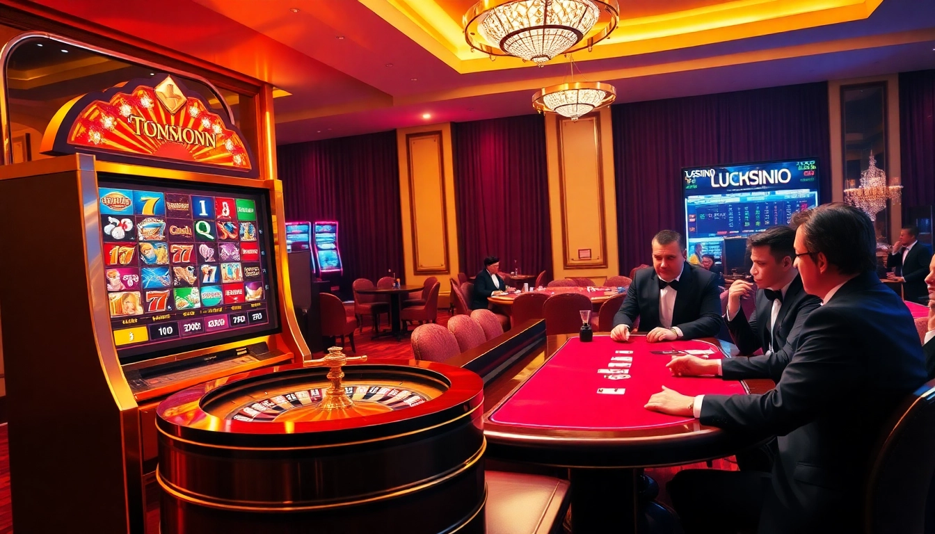 Experience thrilling gameplay at LUCKYWIN's luxurious casino with vibrant slot machines and poker tables.