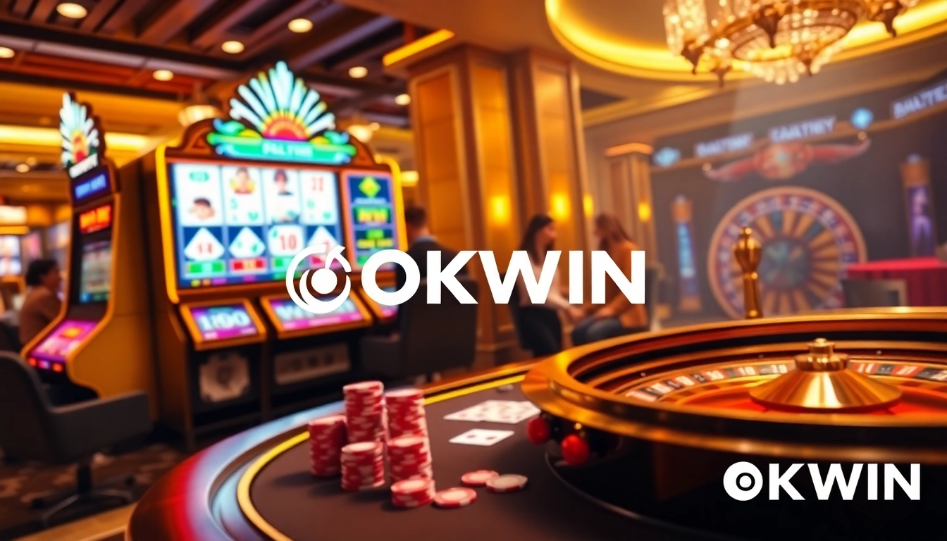 Engaging gambling experience at OKWIN featuring a lively casino atmosphere with poker, slots, and roulette.