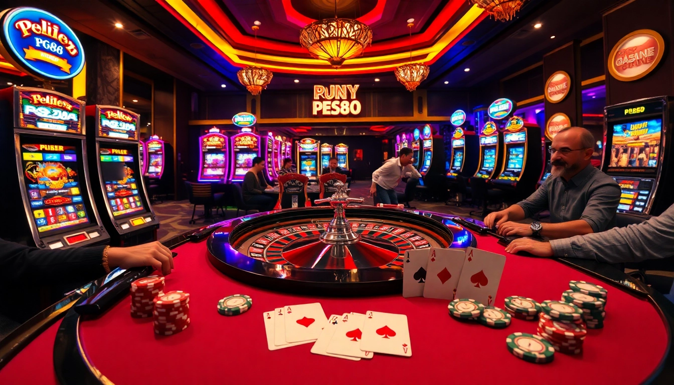 Engaging players at a PG88-themed casino table surrounded by vibrant slot machines and poker chips.