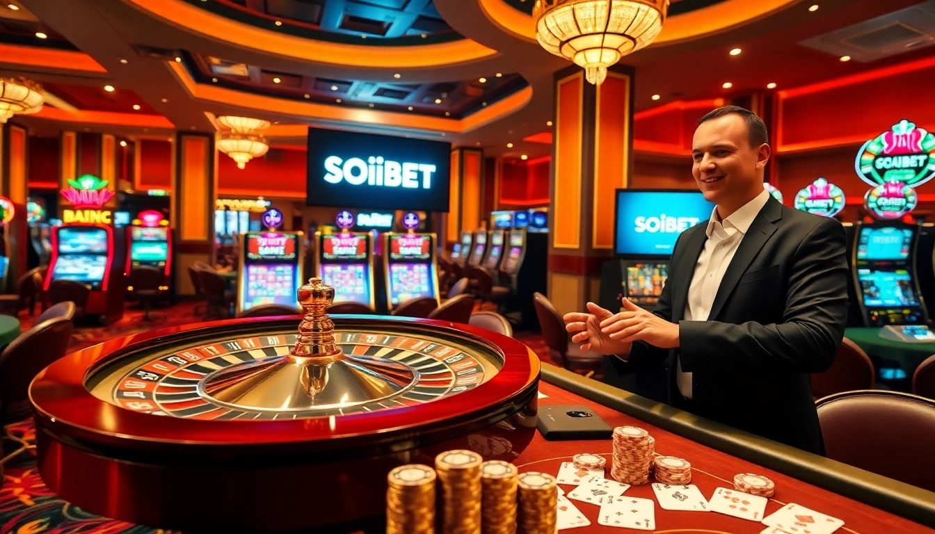Engage in thrilling games at SOIBET's luxurious casino featuring vibrant roulette wheels and slot machines.