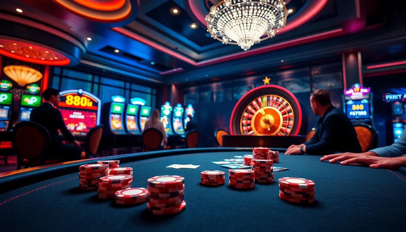 Players enjoy an exciting poker game at a luxurious casino featuring the keyword 88i.