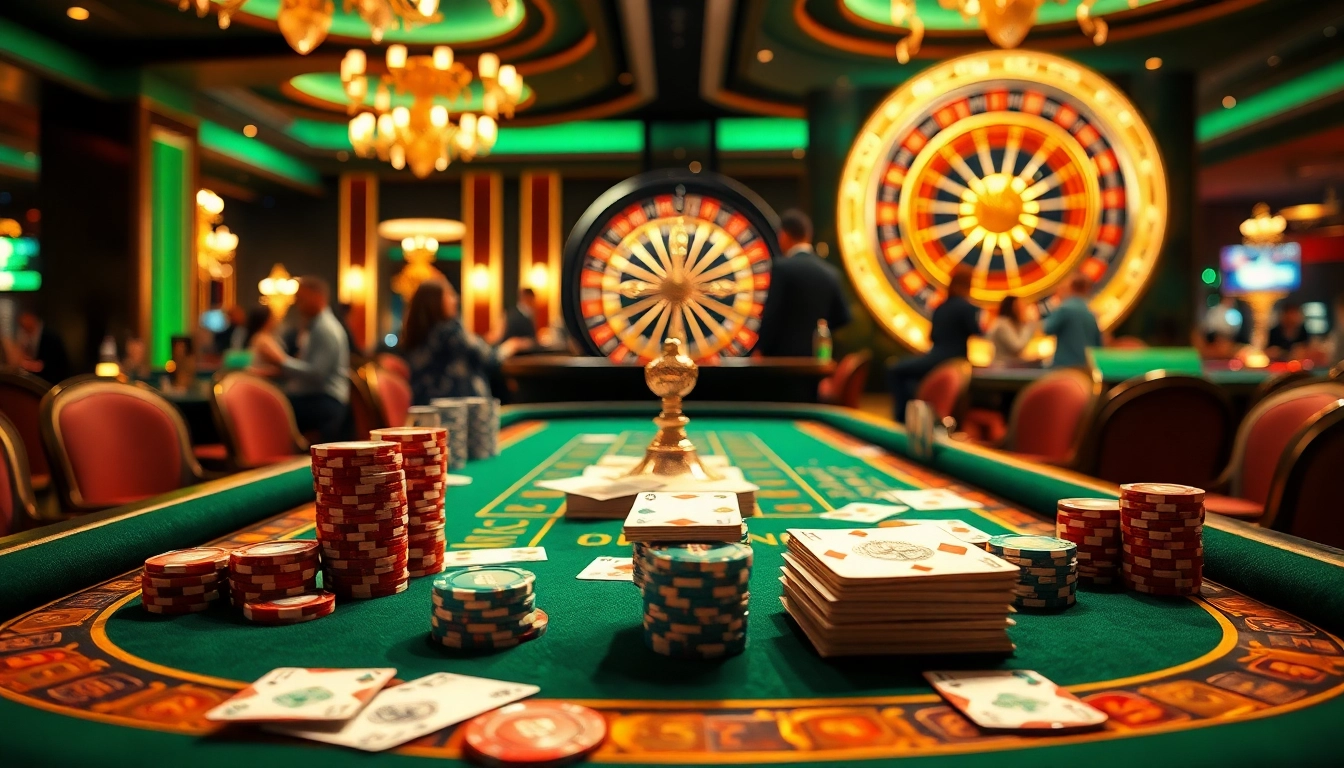 Experience high-stakes action at a lively casino featuring tables filled with chips, cards, and excitement at https://f1682.email/.