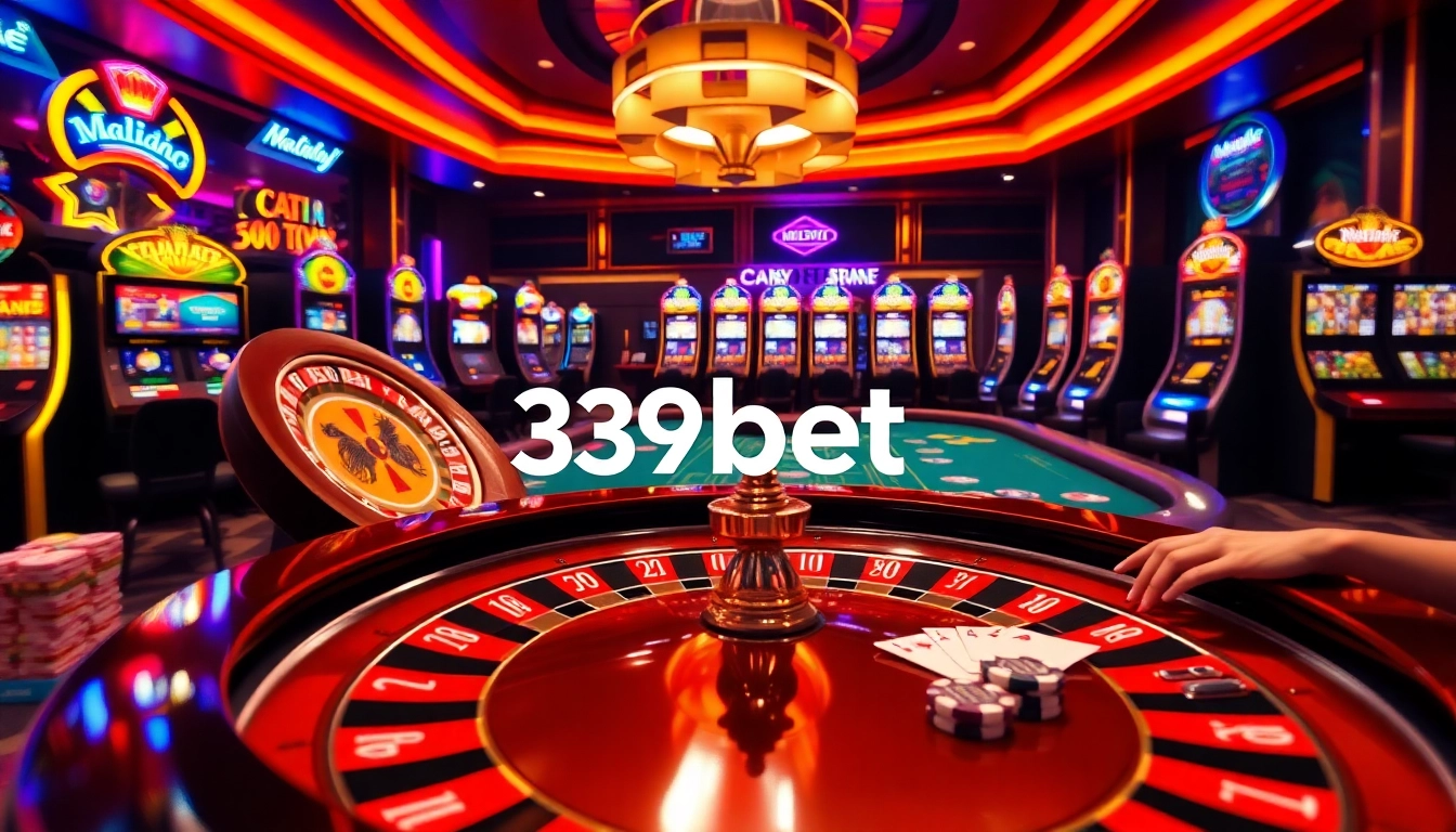Experience the thrill of 39bet at a luxurious casino with vibrant slot machines and a live roulette wheel.