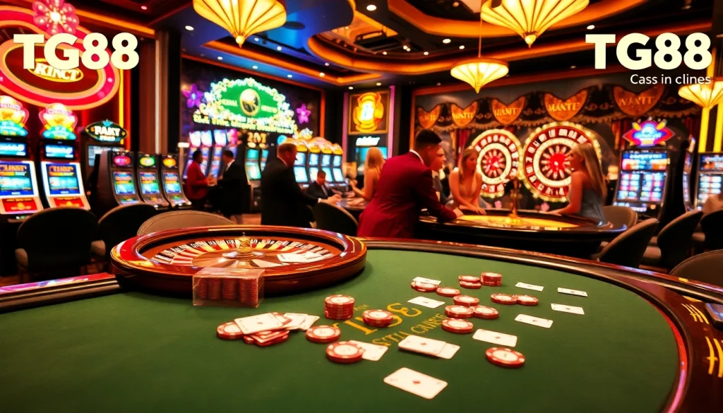 Experience thrilling gameplay at TG88 casino with vibrant poker chips and dazzling cards on a blackjack table.