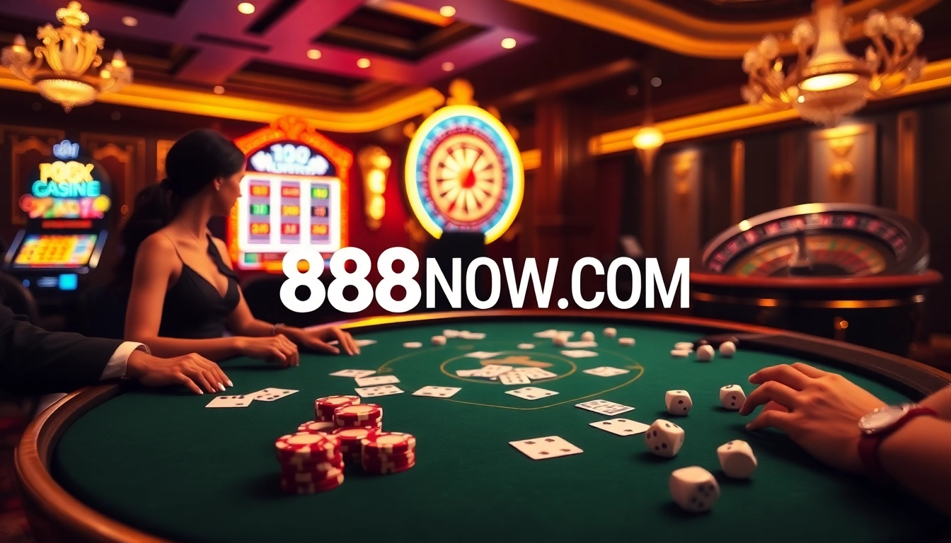 Players enjoying a thrilling poker game at 888NOW.COM's luxurious casino.