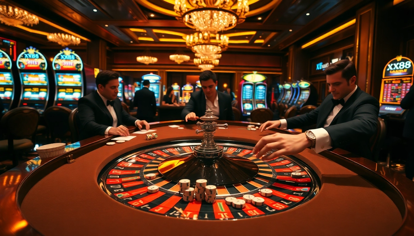 X88-themed luxury casino scene with players around roulette table, poker chips and excitement.