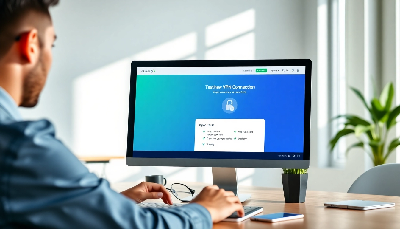 用户在现代工作站上使用 QuickQ官网，强调在线安全。