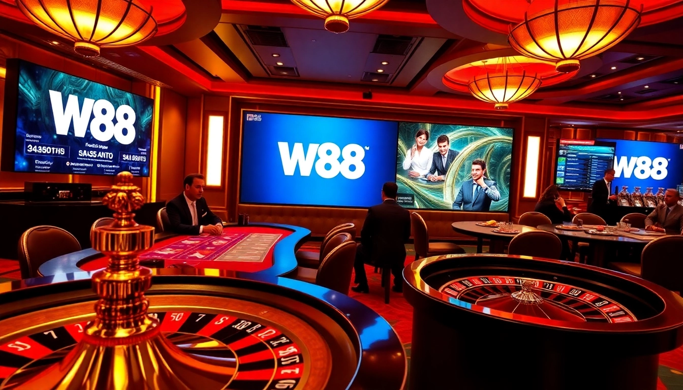 Experience the excitement of W88 at a bustling casino with vibrant chips and elegant players.
