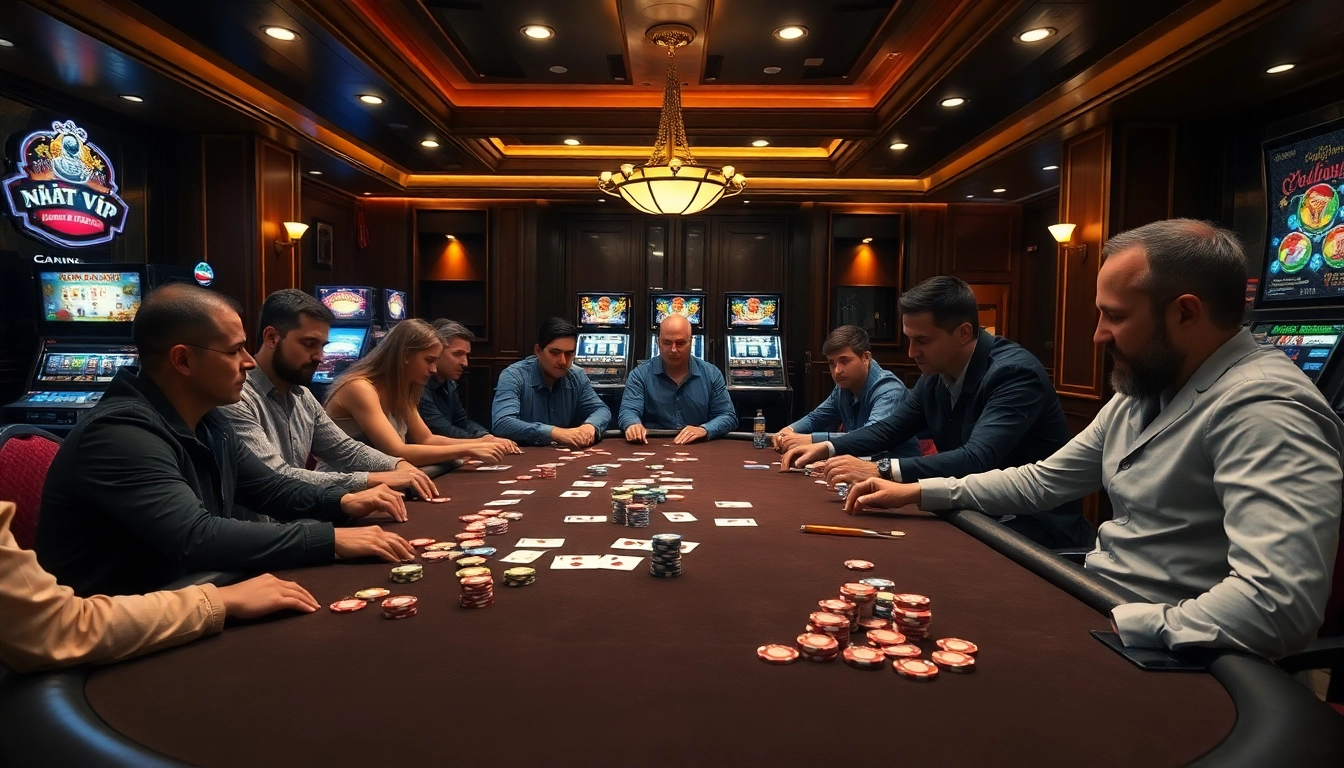 Engage in thrilling games at nhat vip casino, featuring vibrant poker tables and exciting gameplay.