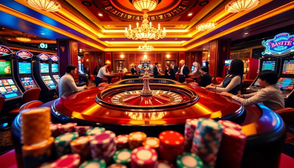 Experience the thrill of gambling at 5z777 with an exciting casino scene featuring roulette and poker chips.
