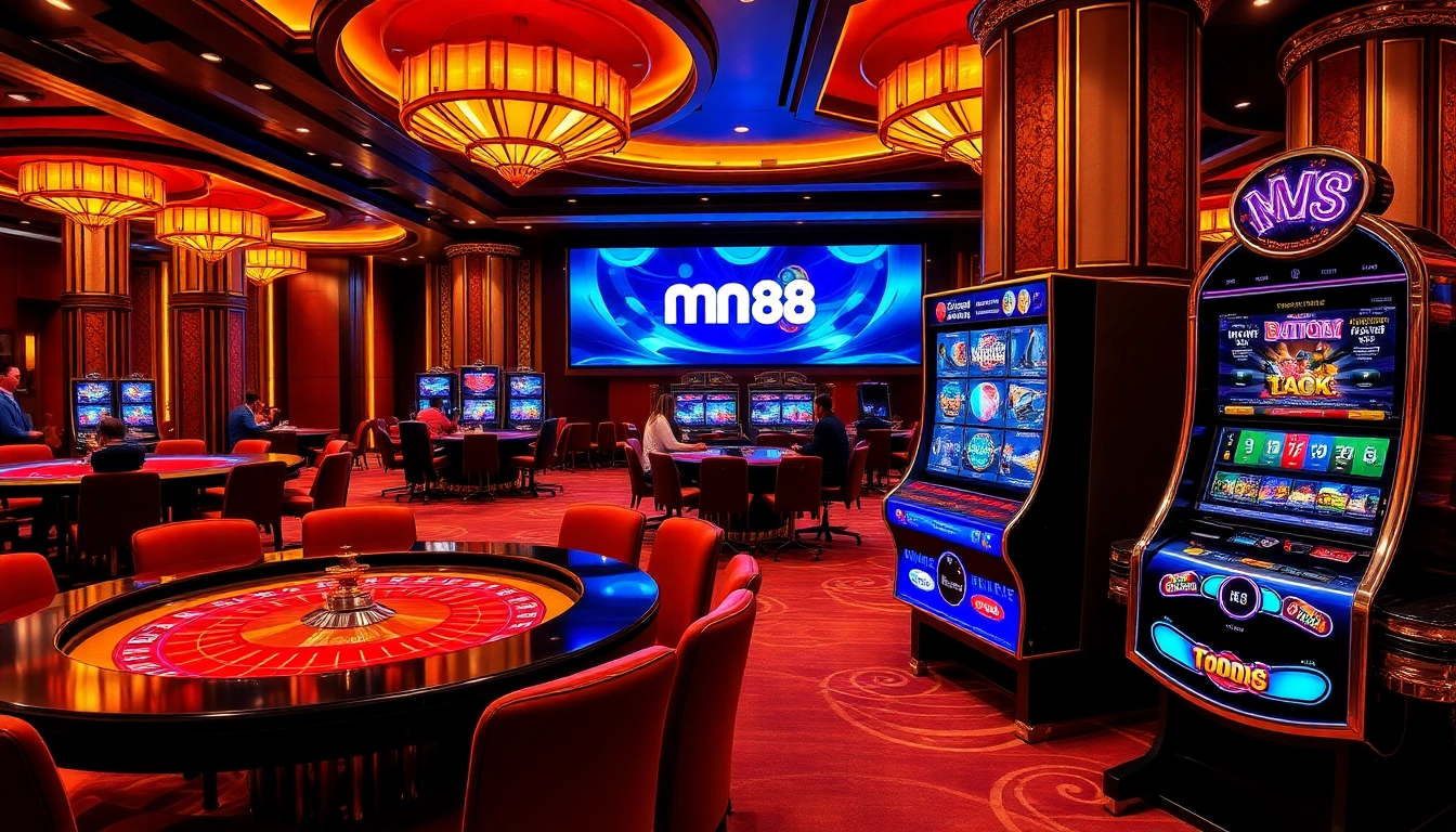 Experience the excitement of mm88 with elegant gaming tables and vibrant slot machines.