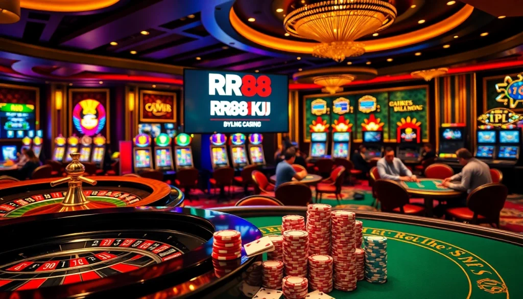 Exciting gaming atmosphere at RR88 KJC casino with poker, roulette, and vibrant slot machines.