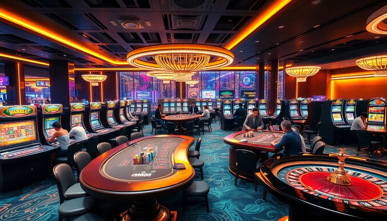 Experience the thrill of MM88 with players enjoying luxurious casino games and vibrant slot machines.