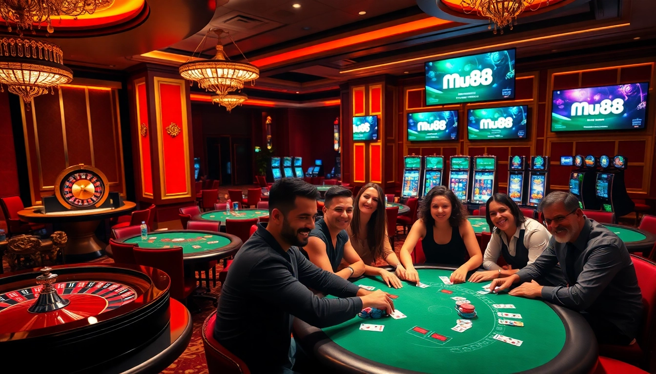 Experience excitement at Mu88 Casino with vibrant poker games and slot machines.
