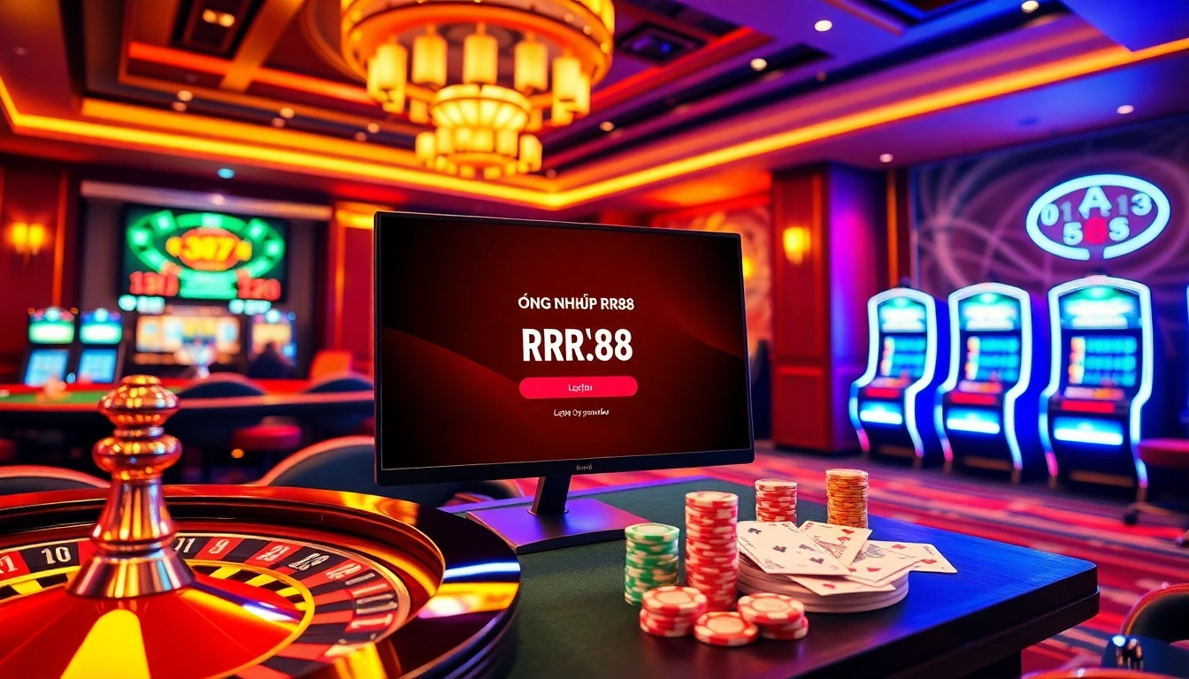 Experience thrilling action with ĐĂNG NHẬP RR88 at an elegant casino table featuring poker chips and a roulette wheel.