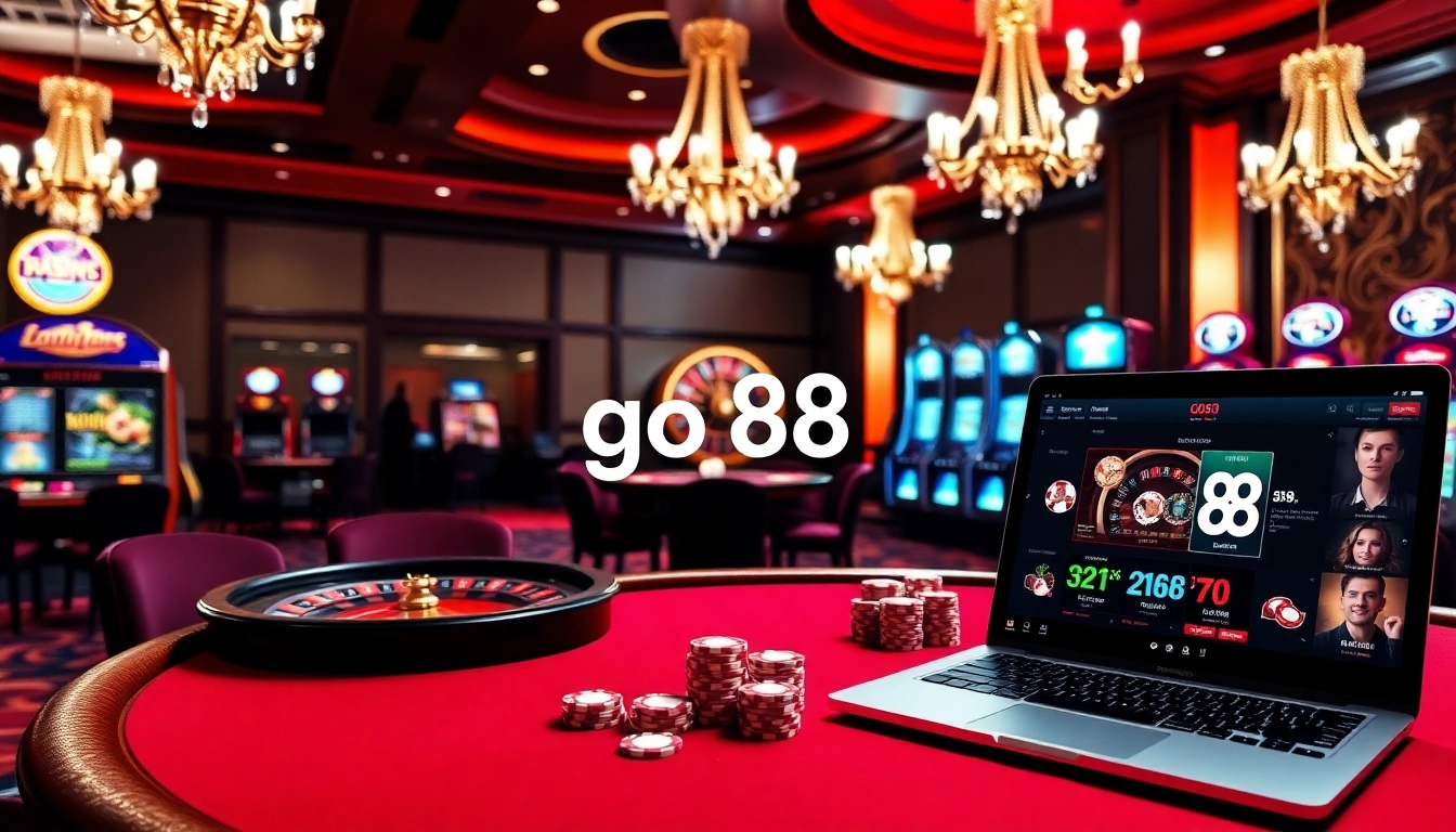 Players compete at a vibrant poker table, with go 88 prominently displayed, capturing a thrilling casino atmosphere.