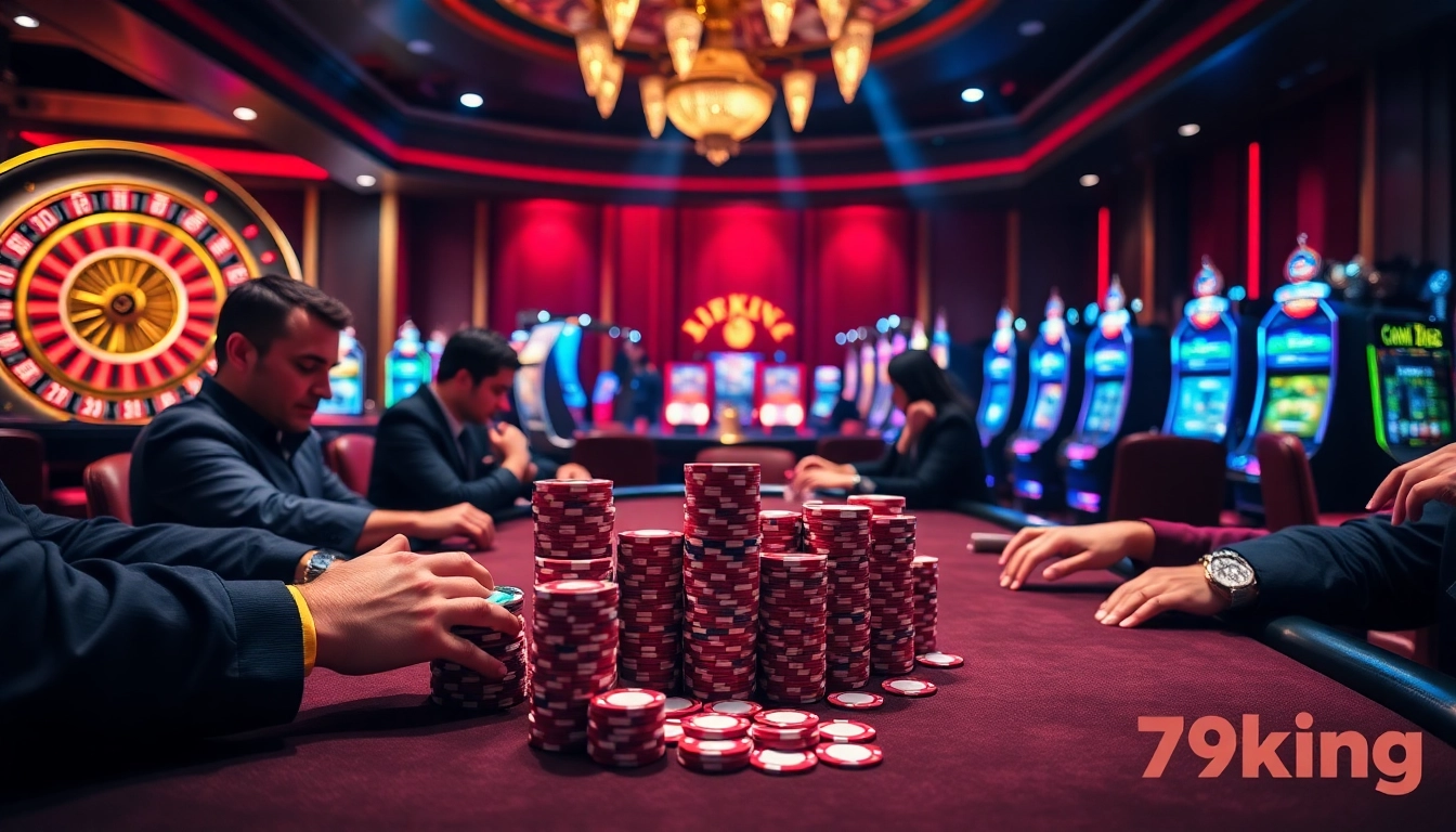 Poker players competing at 79king casino table, showcasing high-stakes excitement and luxury.