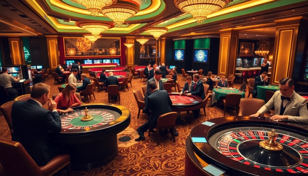 Excited players enjoying vibrant casino games at https://suncity.one/, with roulette and poker tables featured.