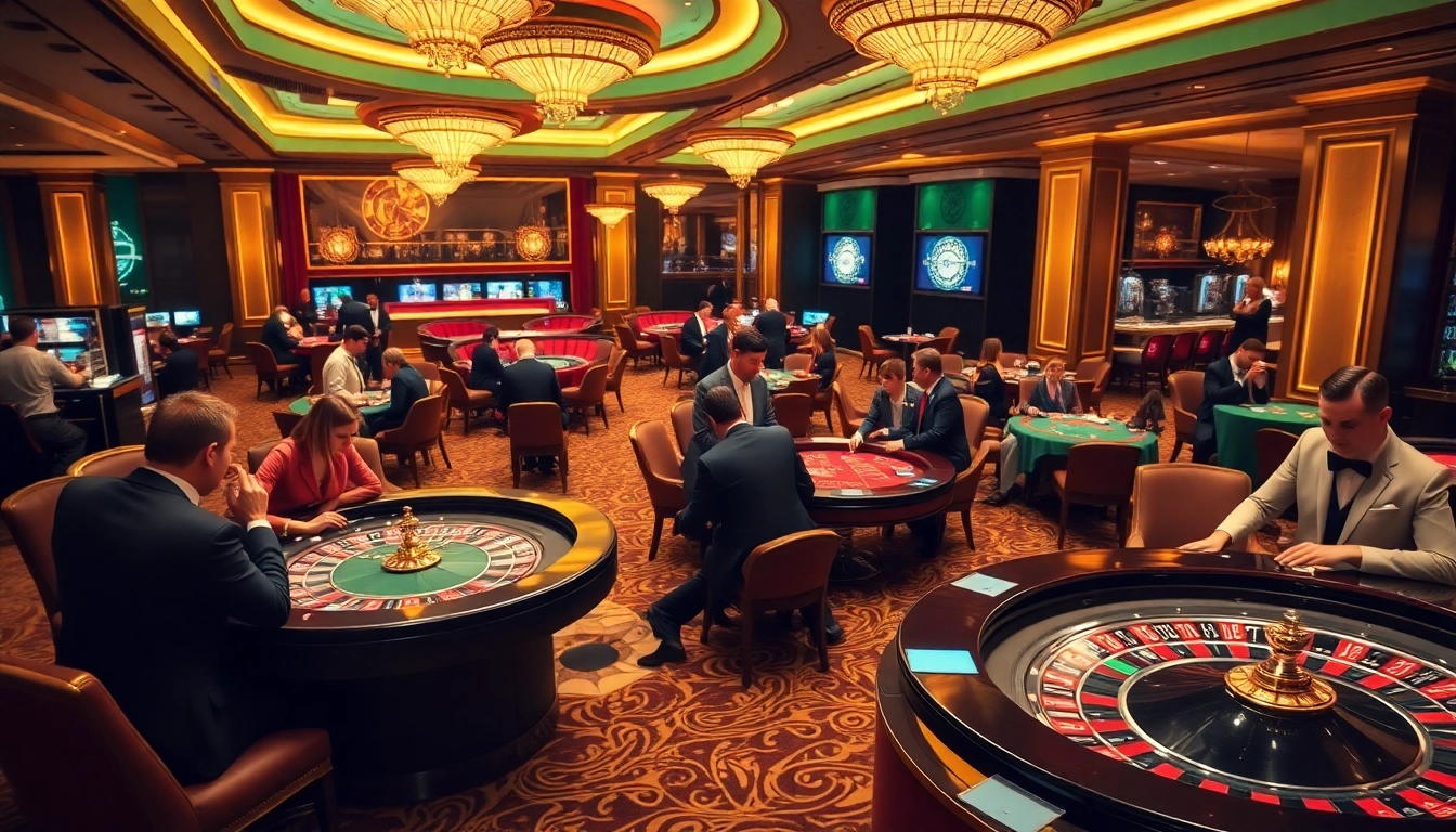 Excited players enjoying vibrant casino games at https://suncity.one/, with roulette and poker tables featured.