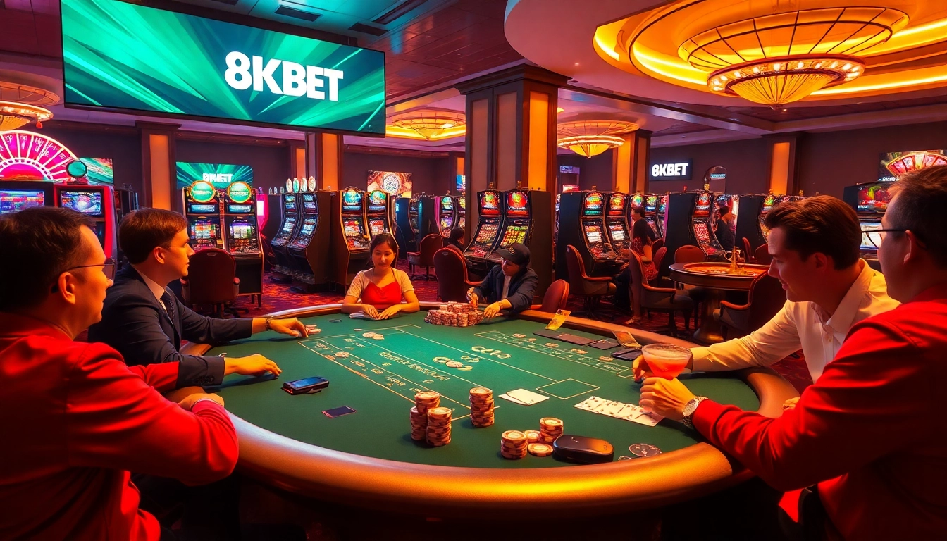 Action-packed poker game at 8KBET casino with players and vibrant slot machines.