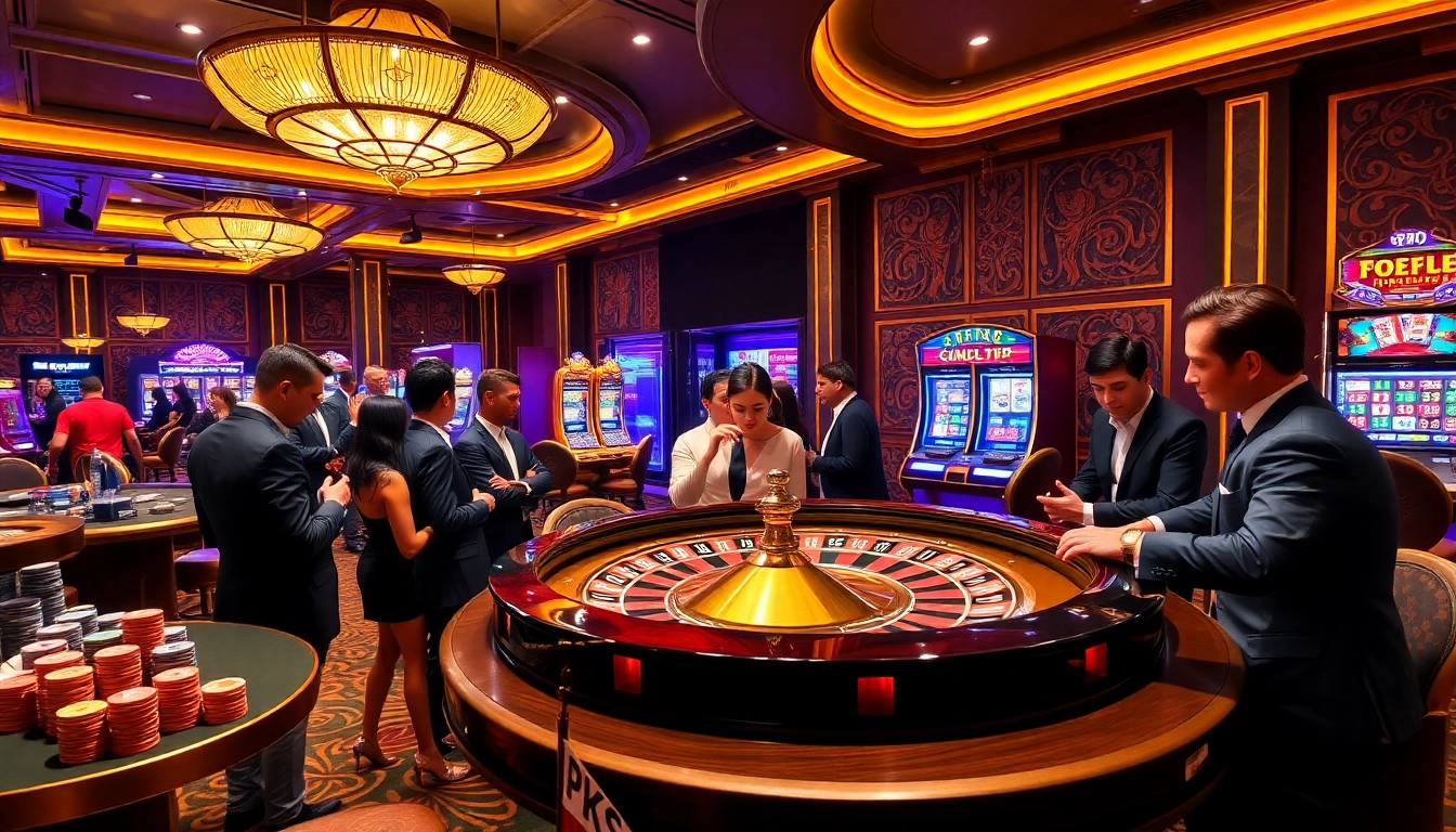 Engaging scene of players enjoying games at thabet77 casino, featuring roulette and slot machines.