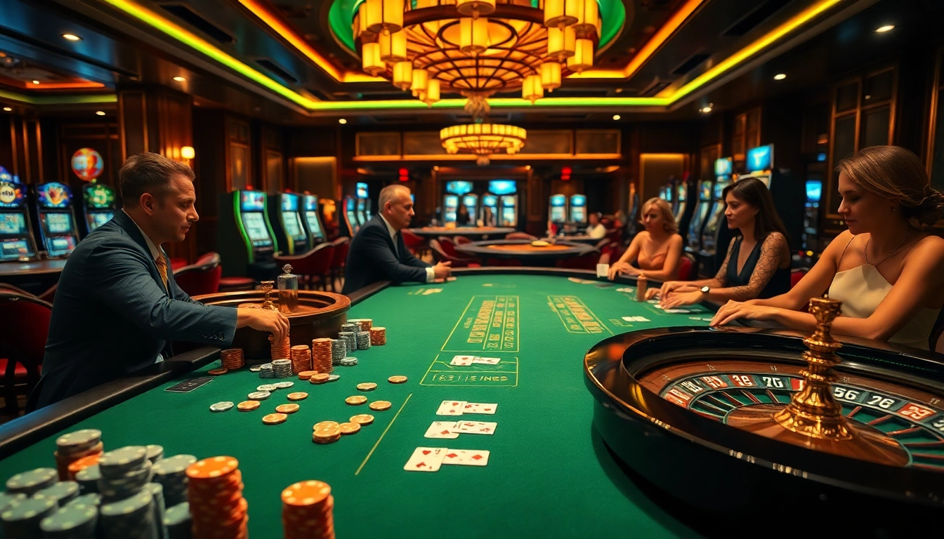 Players enjoying a lively poker game at the J8 casino table with vibrant chips and cards.