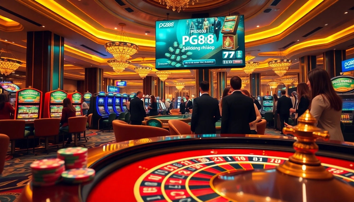 Engaging in a lively casino atmosphere with pg88 đăng nhập displayed prominently on a digital screen.