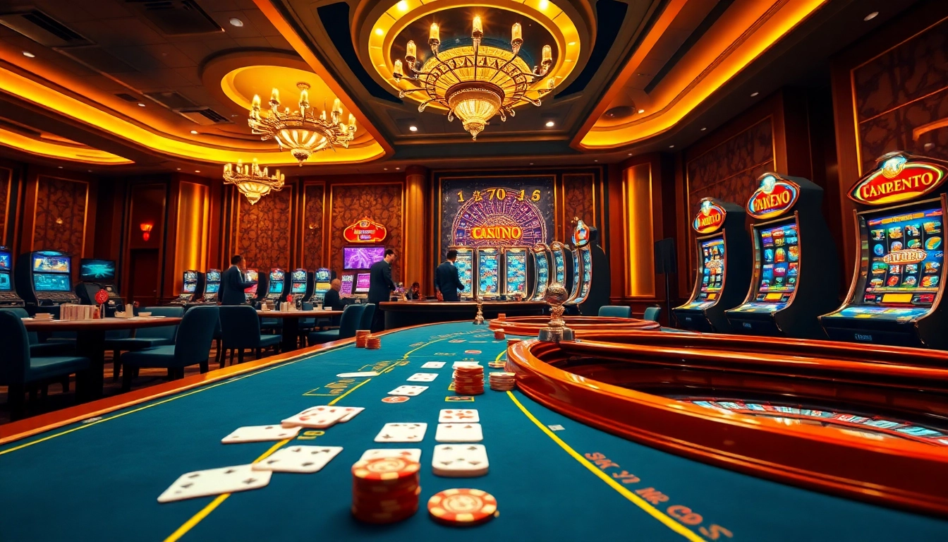 Exciting NK88 casino scene featuring blackjack, roulette, and colorful slot machines.