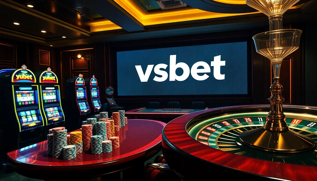 Exciting gambling scene at a luxurious casino, featuring vsbet branding on roulette and poker tables.