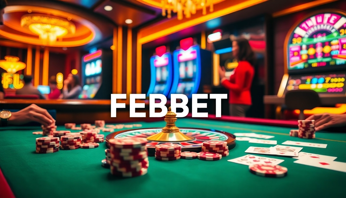 FEBET casino table showcasing poker chips and playing cards in a luxury gambling environment.