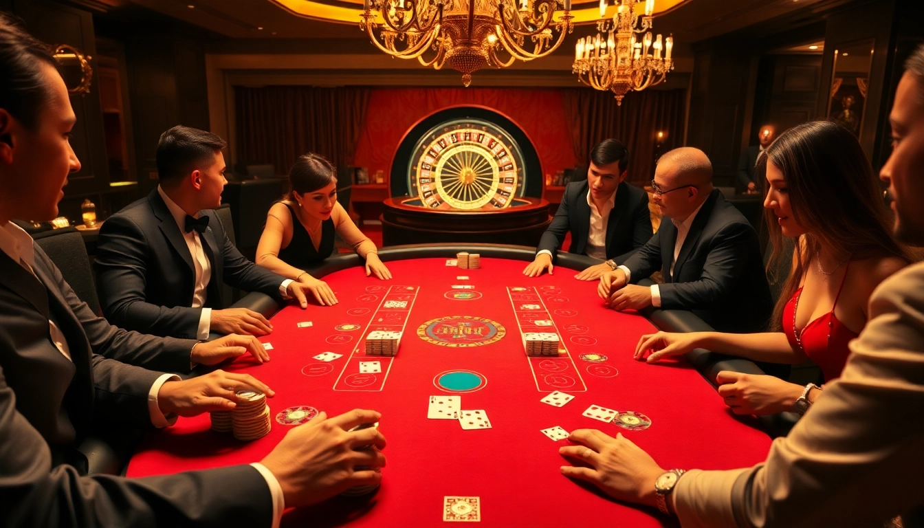 Players strategizing bets at a luxurious b52 casino table with poker chips and cards.
