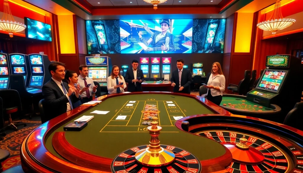 Players engaging with the luxury online gambling experience at https://lc88.media/, featuring casino tables and vibrant slot machines.