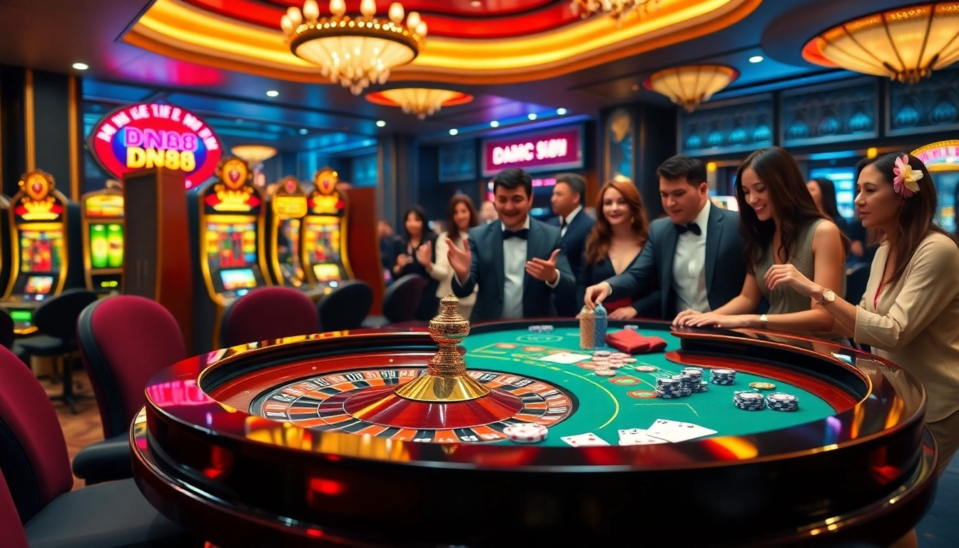 Experience the thrill at DN88 with a vibrant casino atmosphere showcasing roulette and poker activities.