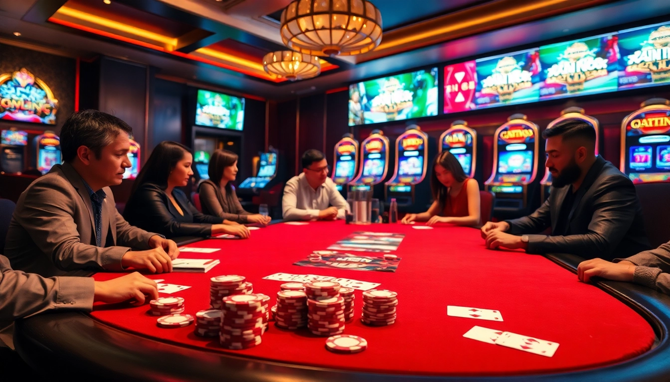 Exciting casino atmosphere with players at a poker table showcasing the essence of nhà cái xin88.