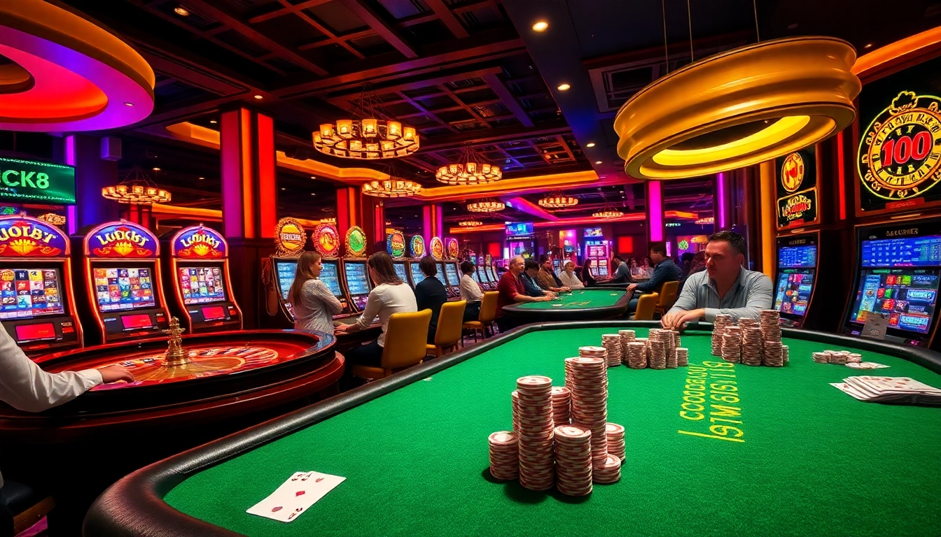 Bầu không khí chơi game tại LUCK8 với các người chơi căng thẳng quanh bàn roulette và máy đánh bạc.