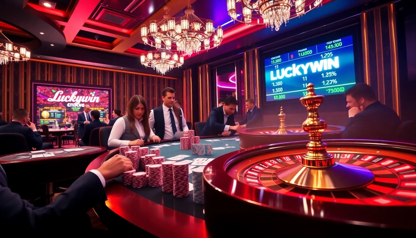 Experience thrilling gameplay at Luckywin's luxurious casino, featuring poker and roulette tables.