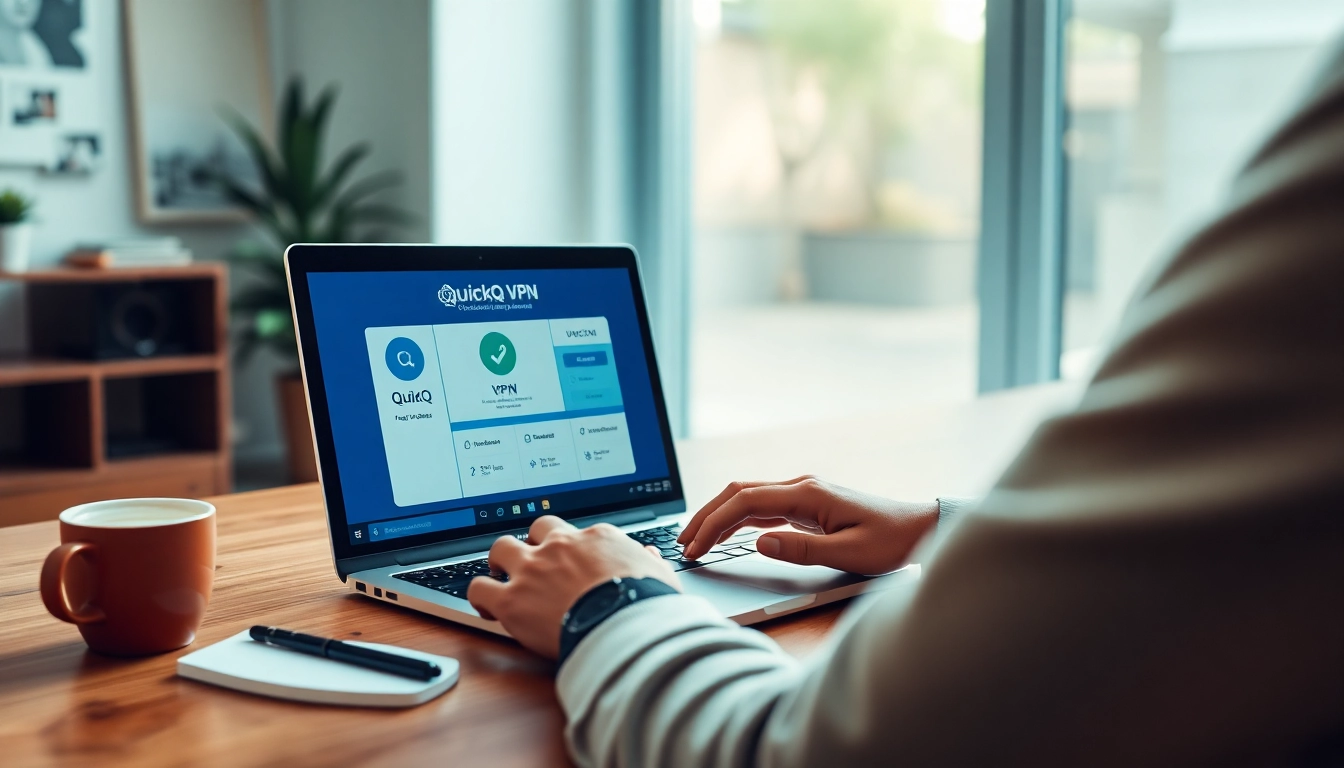 展示用于安全上网的 QuickQ VPN 应用的沉浸式工作区 QuickQ官网。