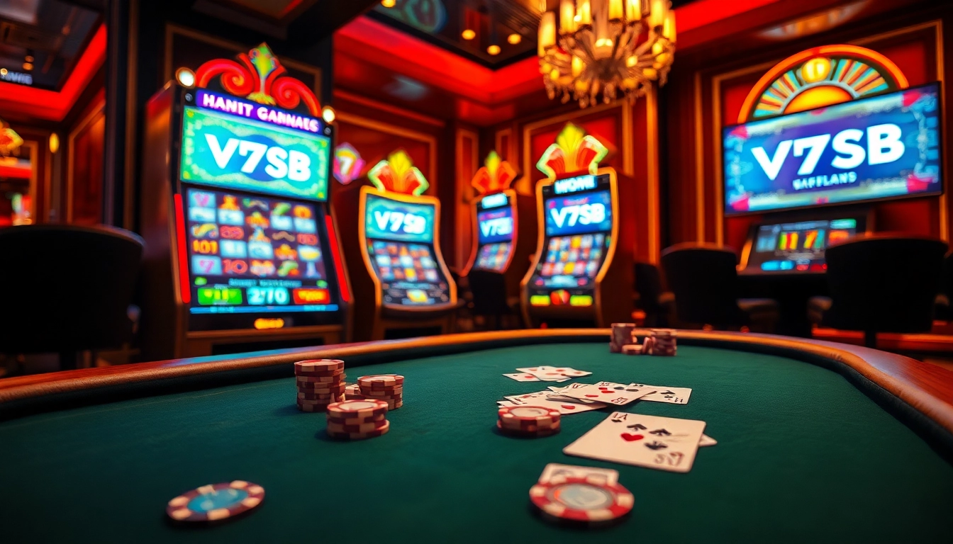 Intensely engaging gameplay at V7SB casino with vibrant chips and cards on a high-stakes table.