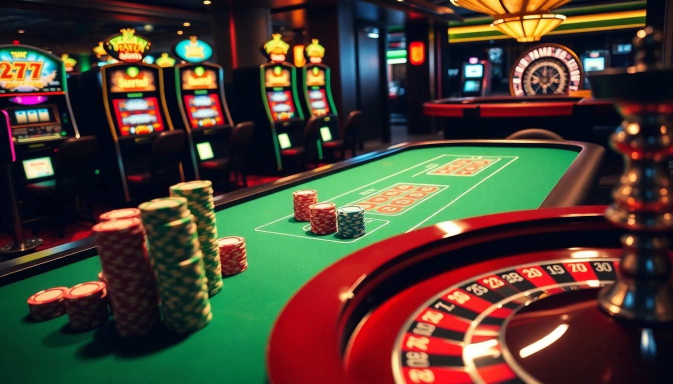 Experience thrilling Fly88 casino action at a luxurious gaming table with vibrant chips and slot machines.