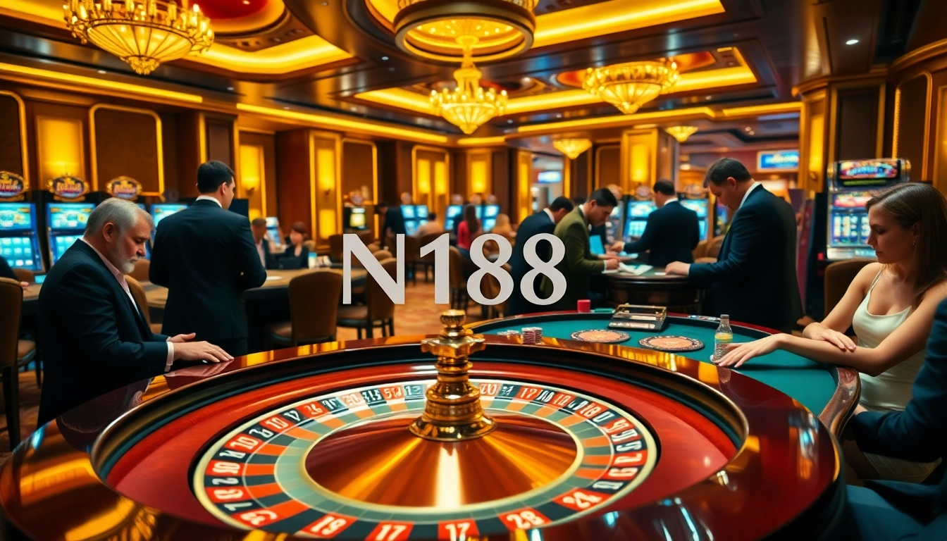 N188 showcases a luxurious casino setting with players at a roulette table, capturing the thrill of gambling.