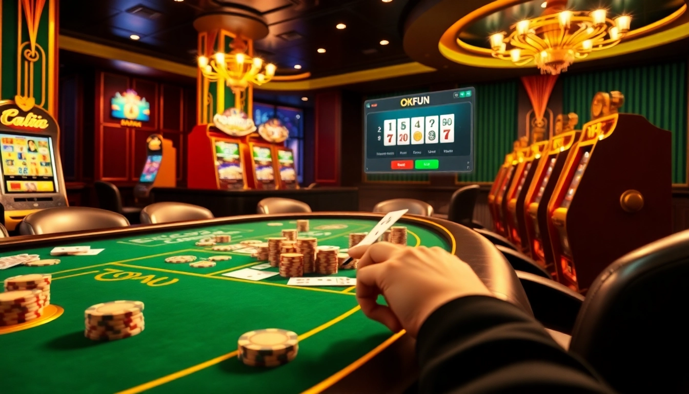 Experience đăng ký okfun with vibrant casino visuals showcasing poker tables and exciting slot machines.