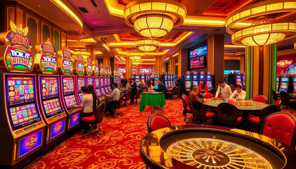 Nổ hũ slot machines surrounded by excited players celebrating wins in a luxurious casino setting.