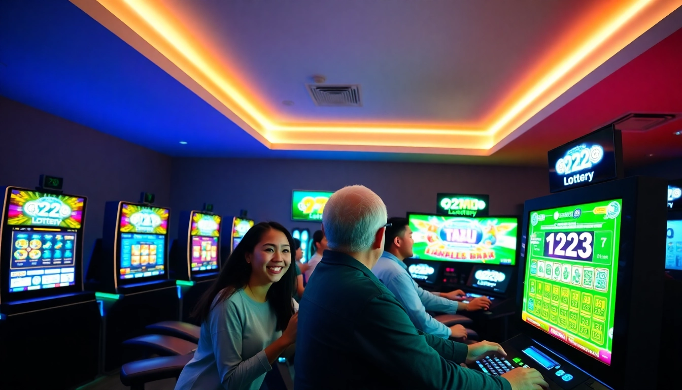 Engaging atmosphere of 92lottery gaming room with players enjoying lottery games