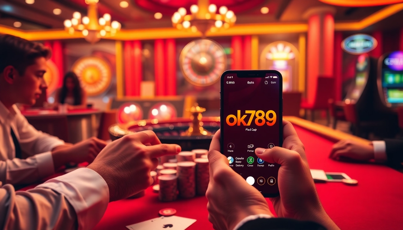Experience the thrill of mobile betting with the ok789 app on a vibrant casino scene.